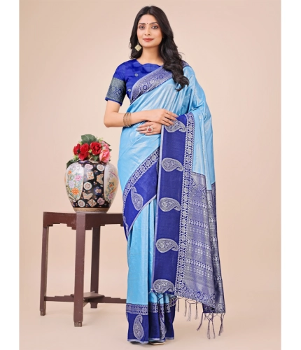 Generic Women's Lichi Silk Printed Saree With Unstitched Blouse 5.5Mtr (Sky Blue)