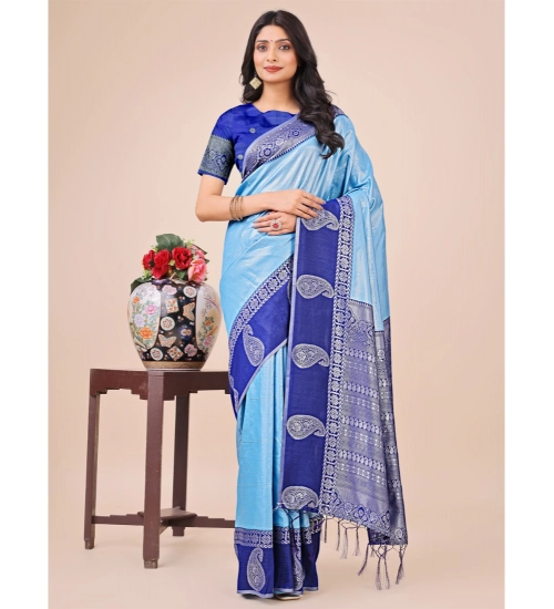 Generic Women's Lichi Silk Printed Saree With Unstitched Blouse 5.5Mtr (Sky Blue)