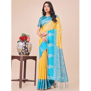 Generic Women's Lichi Silk Printed Saree With Unstitched Blouse 5.5Mtr (Yellow)