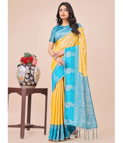 Generic Women's Lichi Silk Printed Saree With Unstitched Blouse 5.5Mtr (Yellow)