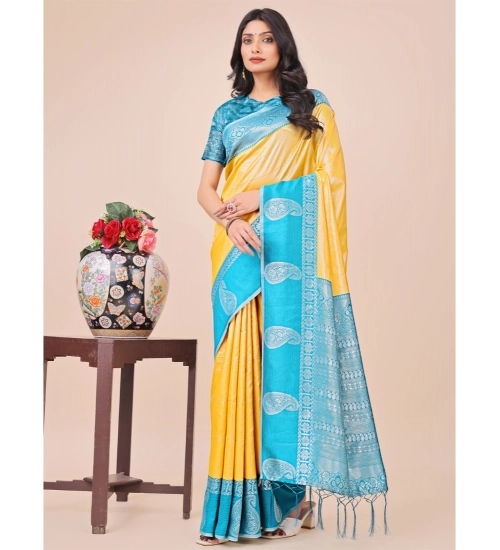 Generic Women's Lichi Silk Printed Saree With Unstitched Blouse 5.5Mtr (Yellow)