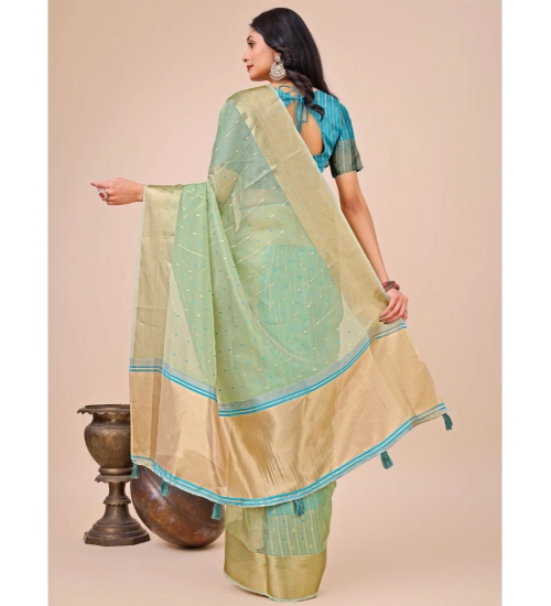 Generic Women's Organza Printed Saree With Unstitched Blouse 5.5Mtr (Green)