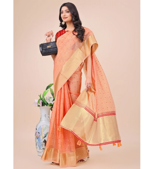 Generic Women's Organza Printed Saree With Unstitched Blouse 5.5Mtr (Peach)