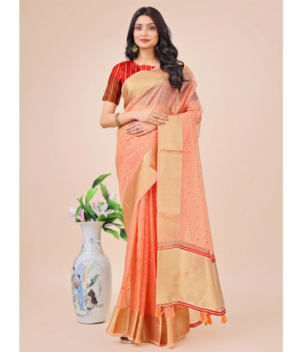 Generic Women's Organza Printed Saree With Unstitched Blouse 5.5Mtr (Peach)
