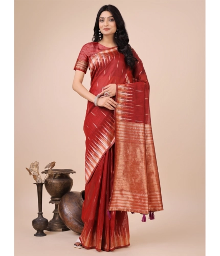 Generic Women's Linen Cotton Printed Saree With Unstitched Blouse 5.5Mtr (Red)