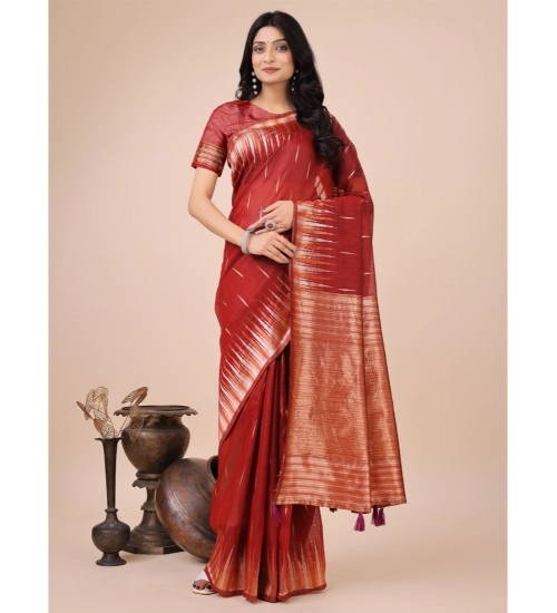Generic Women's Linen Cotton Printed Saree With Unstitched Blouse 5.5Mtr (Red)