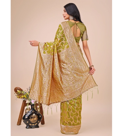 Generic Women's Linen Cotton Printed Saree With Unstitched Blouse 5.5Mtr (Olive Green)