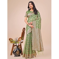 Generic Women's Linen Cotton Printed Saree With Unstitched Blouse 5.5Mtr (Green)