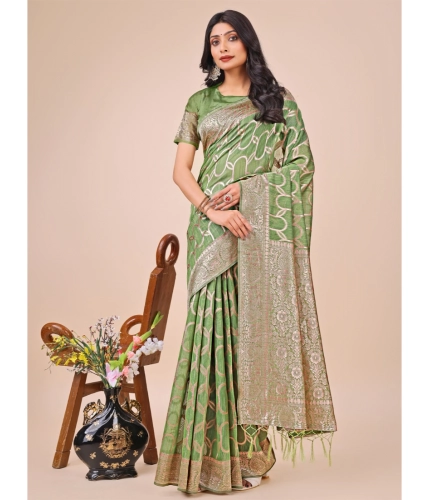 Generic Women's Linen Cotton Printed Saree With Unstitched Blouse 5.5Mtr (Green)