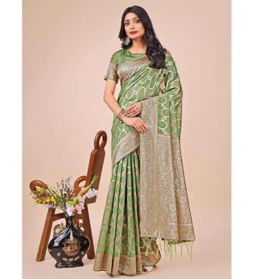 Generic Women's Linen Cotton Printed Saree With Unstitched Blouse 5.5Mtr (Green)