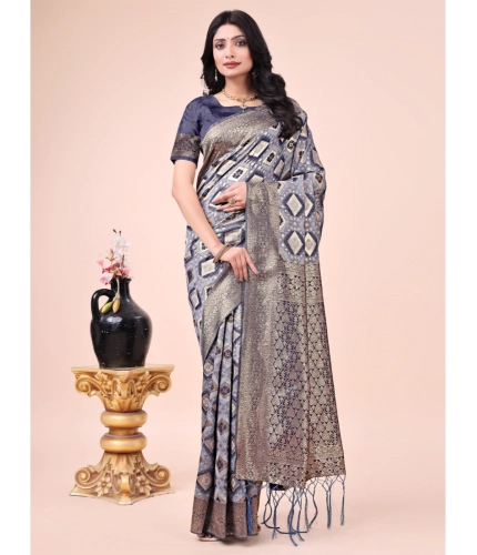 Generic Women's Cotton Printed Saree With Unstitched Blouse 5.5Mtr (Navy Blue)