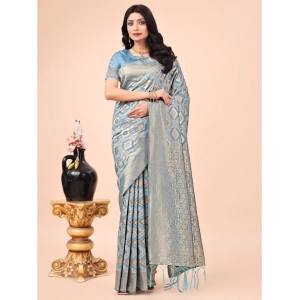 Generic Women's Cotton Printed Saree With Unstitched Blouse 5.5Mtr (Sky Blue)