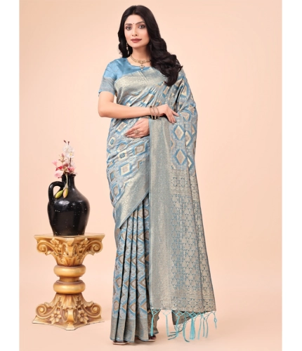 Generic Women's Cotton Printed Saree With Unstitched Blouse 5.5Mtr (Sky Blue)