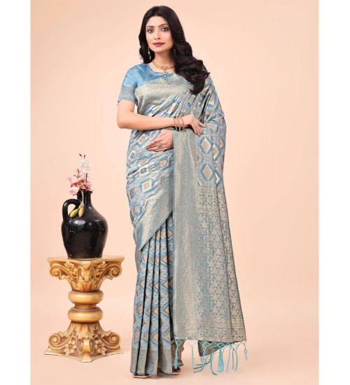 Generic Women's Cotton Printed Saree With Unstitched Blouse 5.5Mtr (Sky Blue)