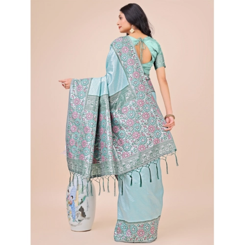 Women's Lichi Silk Printed Saree With Unstitched Blouse 5.5Mtr (Teal) Women's Lichi Silk Printed Saree With Unstitched Blouse 5.5Mtr (Teal)