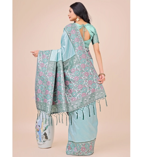 Generic Women's Lichi Silk Printed Saree With Unstitched Blouse 5.5Mtr (Teal)