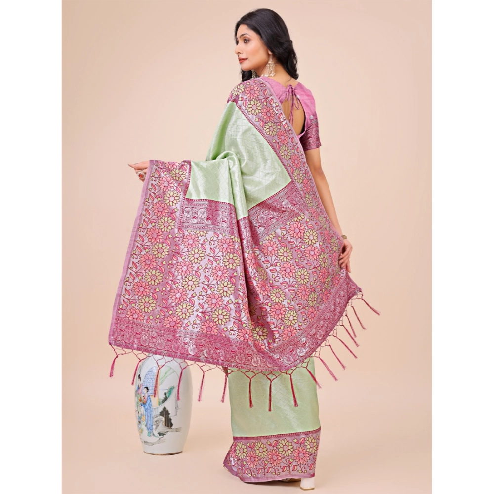 Generic Women's Lichi Silk Printed Saree With Unstitched Blouse 5.5Mtr (Olive Green)