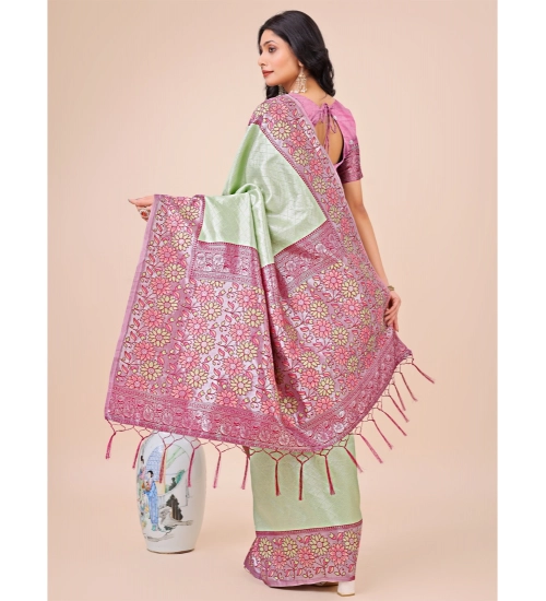 Generic Women's Lichi Silk Printed Saree With Unstitched Blouse 5.5Mtr (Olive Green)