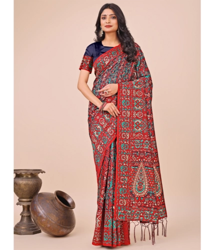 Generic Women's Cotton Printed Saree With Unstitched Blouse 5.5Mtr (Red)