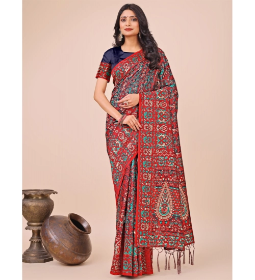 Generic Women's Cotton Printed Saree With Unstitched Blouse 5.5Mtr (Red)