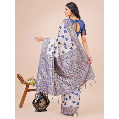 Women's Linen Cotton Printed Saree With Unstitched Blouse 5.5Mtr (Blue) Women's Linen Cotton Printed Saree With Unstitched Blouse 5.5Mtr (Blue)