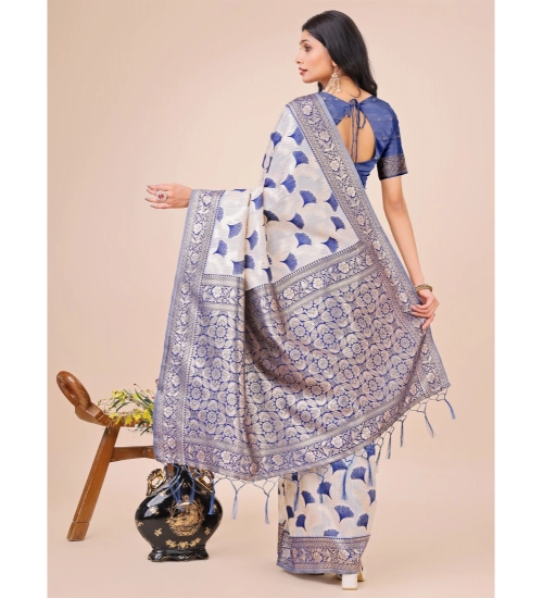 Generic Women's Linen Cotton Printed Saree With Unstitched Blouse 5.5Mtr (Blue)
