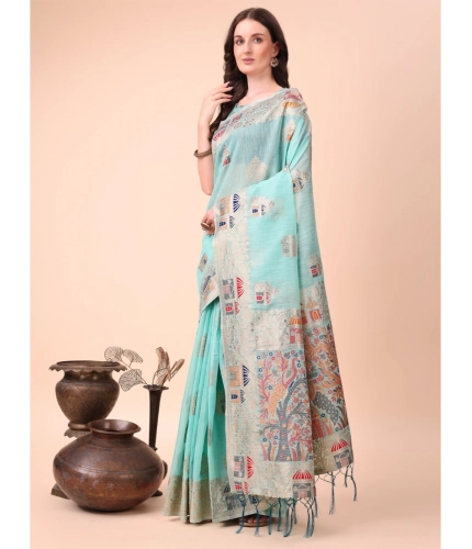 Generic Women's Linen Cotton Printed Saree With Unstitched Blouse 5.5Mtr (Sky Blue)