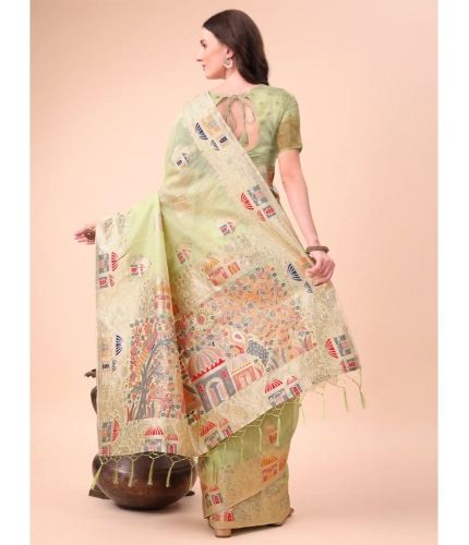 Generic Women's Linen Cotton Printed Saree With Unstitched Blouse 5.5Mtr (Light Green) Generic Women's Linen Cotton Printed Saree With Unstitched Blouse 5.5Mtr (Light Green)