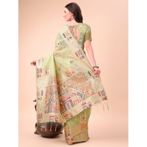 Women's Linen Cotton Printed Saree With Unstitched Blouse 5.5Mtr (Light Green) Women's Linen Cotton Printed Saree With Unstitched Blouse 5.5Mtr (Light Green)