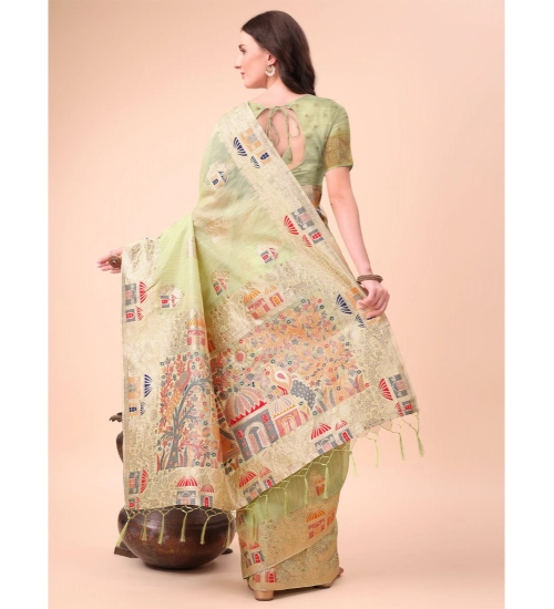 Generic Women's Linen Cotton Printed Saree With Unstitched Blouse 5.5Mtr (Light Green)