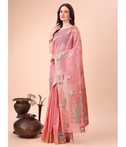 Generic Women's Linen Cotton Printed Saree With Unstitched Blouse 5.5Mtr (Pink)
