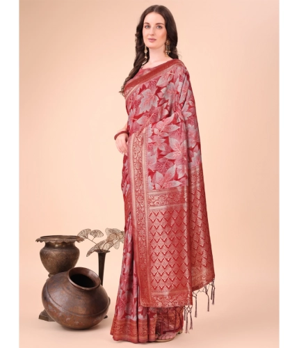 Generic Women's Cotton Printed Saree With Unstitched Blouse 5.5Mtr (Red)