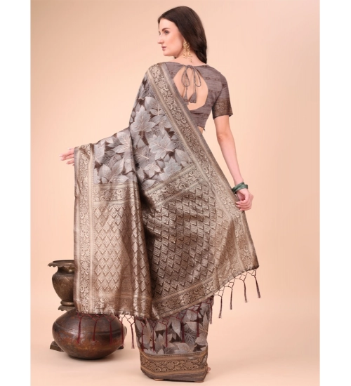Generic Women's Cotton Printed Saree With Unstitched Blouse 5.5Mtr (Brown)