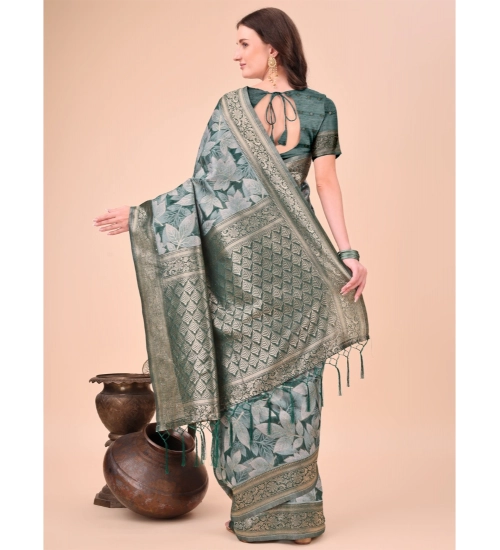 Generic Women's Cotton Printed Saree With Unstitched Blouse 5.5Mtr (Green)
