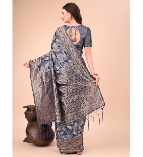 Generic Women's Cotton Printed Saree With Unstitched Blouse 5.5Mtr (Navy Blue)