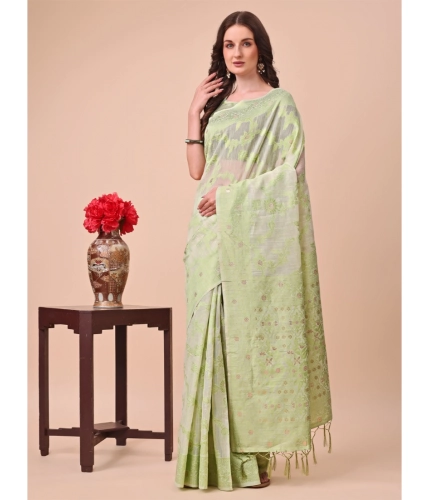 Generic Women's Cotton Printed Saree With Unstitched Blouse 5.5Mtr (Light Green)