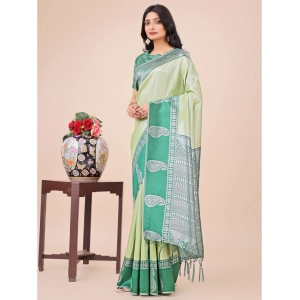 Generic Women's Lichi Silk Printed Saree With Unstitched Blouse 5.5Mtr (Light Green)