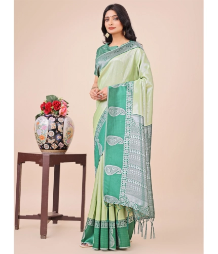 Generic Women's Lichi Silk Printed Saree With Unstitched Blouse 5.5Mtr (Light Green)