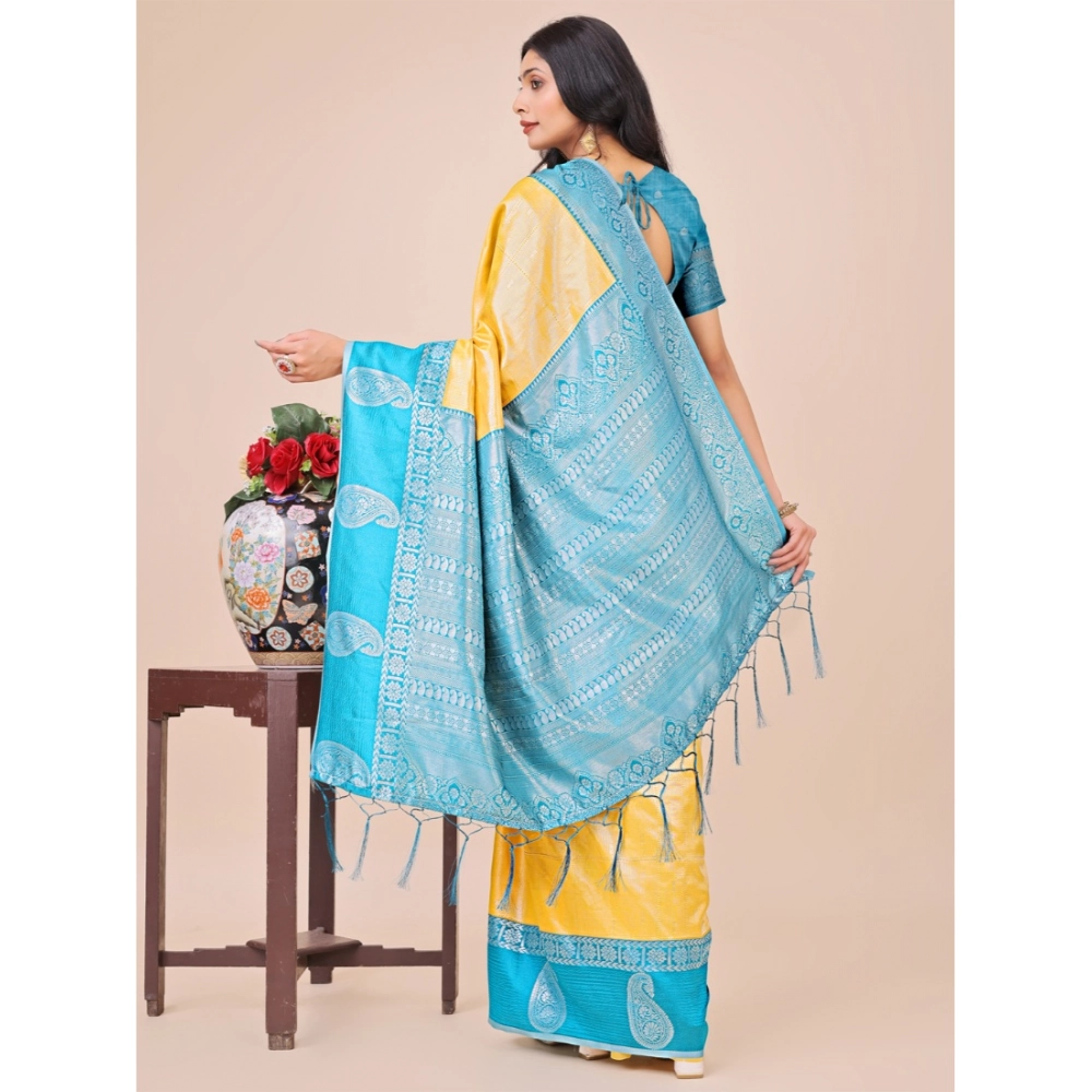 Generic Women's Lichi Silk Printed Saree With Unstitched Blouse 5.5Mtr (Yellow)