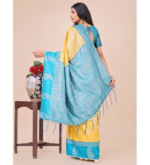 Generic Women's Lichi Silk Printed Saree With Unstitched Blouse 5.5Mtr (Yellow)