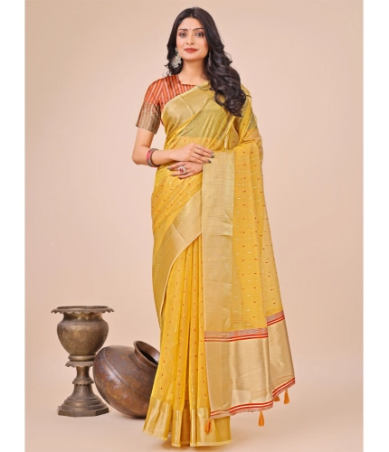 Generic Women's Organza Printed Saree With Unstitched Blouse 5.5Mtr (Yellow)