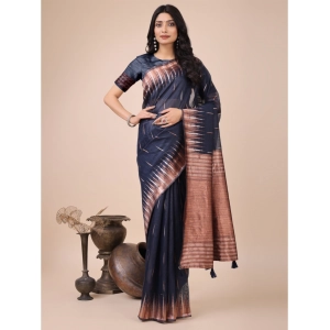 Generic Women's Linen Cotton Printed Saree With Unstitched Blouse 5.5Mtr (Navy Blue)
