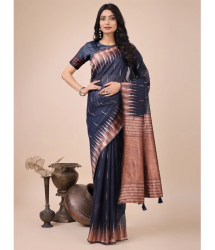 Generic Women's Linen Cotton Printed Saree With Unstitched Blouse 5.5Mtr (Navy Blue)