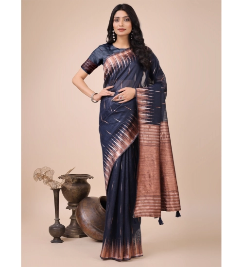 Generic Women's Linen Cotton Printed Saree With Unstitched Blouse 5.5Mtr (Navy Blue)