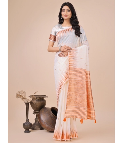 Generic Women's Linen Cotton Printed Saree With Unstitched Blouse 5.5Mtr (White)