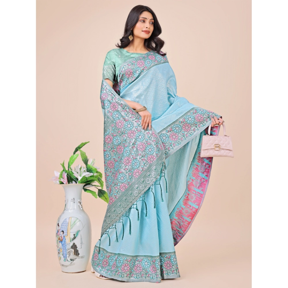 Generic Women's Lichi Silk Printed Saree With Unstitched Blouse 5.5Mtr (Teal)