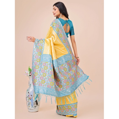 Women's Lichi Silk Printed Saree With Unstitched Blouse 5.5Mtr (Yellow) Women's Lichi Silk Printed Saree With Unstitched Blouse 5.5Mtr (Yellow)