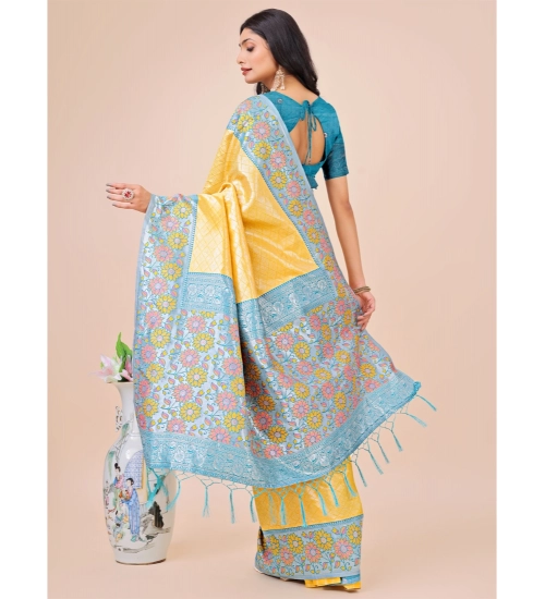 Generic Women's Lichi Silk Printed Saree With Unstitched Blouse 5.5Mtr (Yellow)