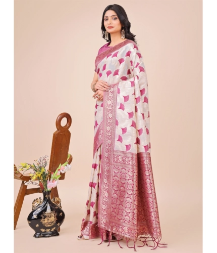 Generic Women's Linen Cotton Printed Saree With Unstitched Blouse 5.5Mtr (Magenta)