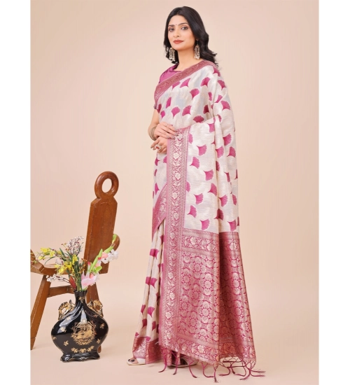 Generic Women's Linen Cotton Printed Saree With Unstitched Blouse 5.5Mtr (Magenta)